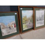 Bernard West print of Bedford's St Paul's Square plus 2 watercolours of Greek village steps and a