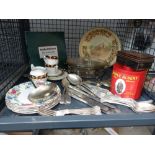 Quantity of loose cutlery, Edwardian cups and saucers, silver plated dish, petty cash box and a