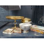 Cage containing 2 onyx ashtrays, cigarette box plus metal cake dish and bowls