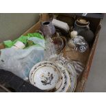 2 boxes containing daisy and floral patterned crockery, glass ware, ornamental bird, other figures
