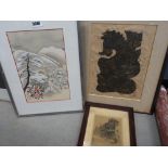 3 oriental prints plus a coloured engraving of The George in Salisbury