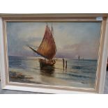 Oil on canvas of a moored fishing boat