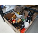 Cage containing a koala bear, ornamental cat teapot, chimpanzee, plus other animal figures