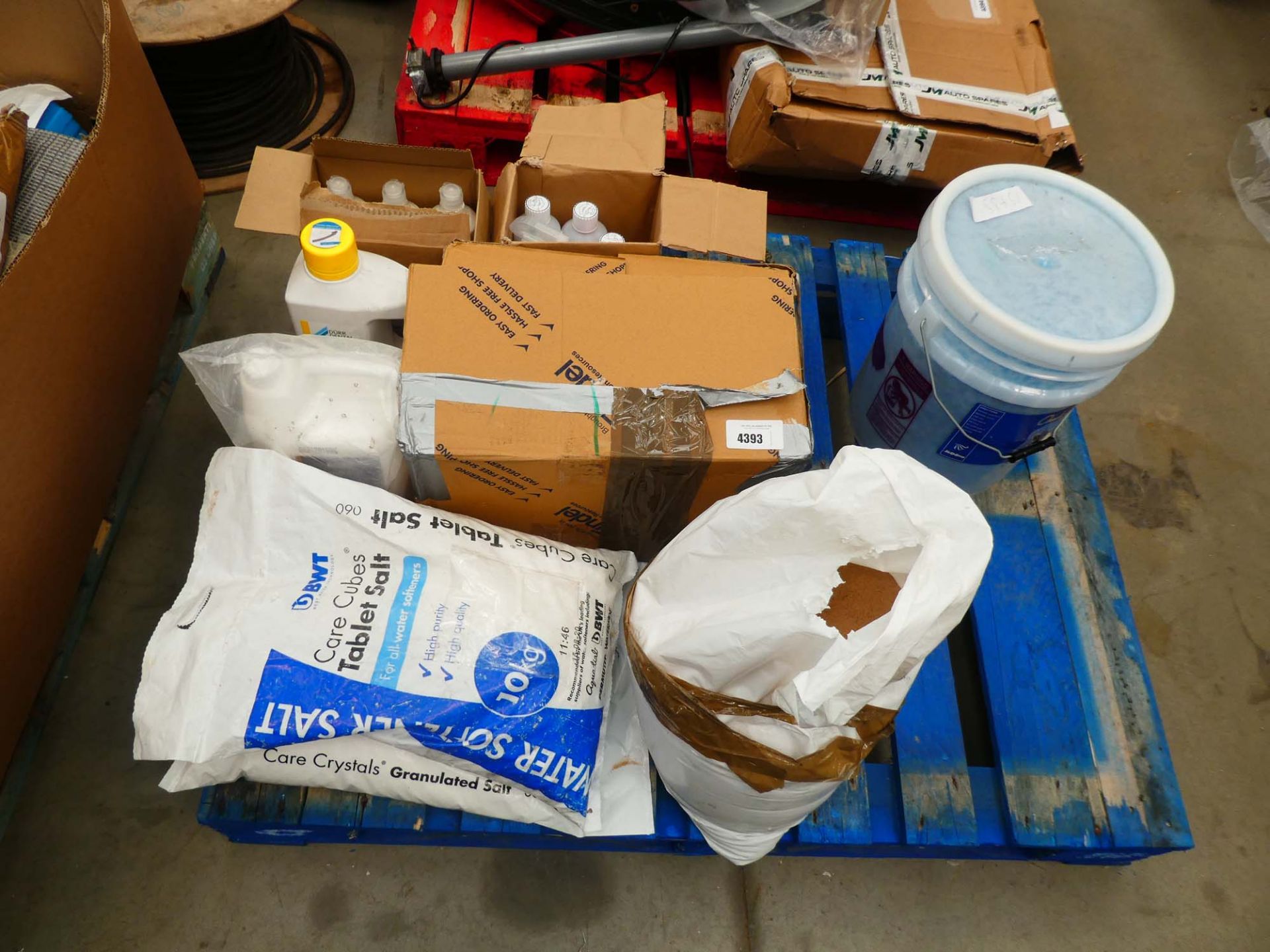 Pallet of assorted chemicals incl. tablet salt, sand, pedicure soap solution, etc.