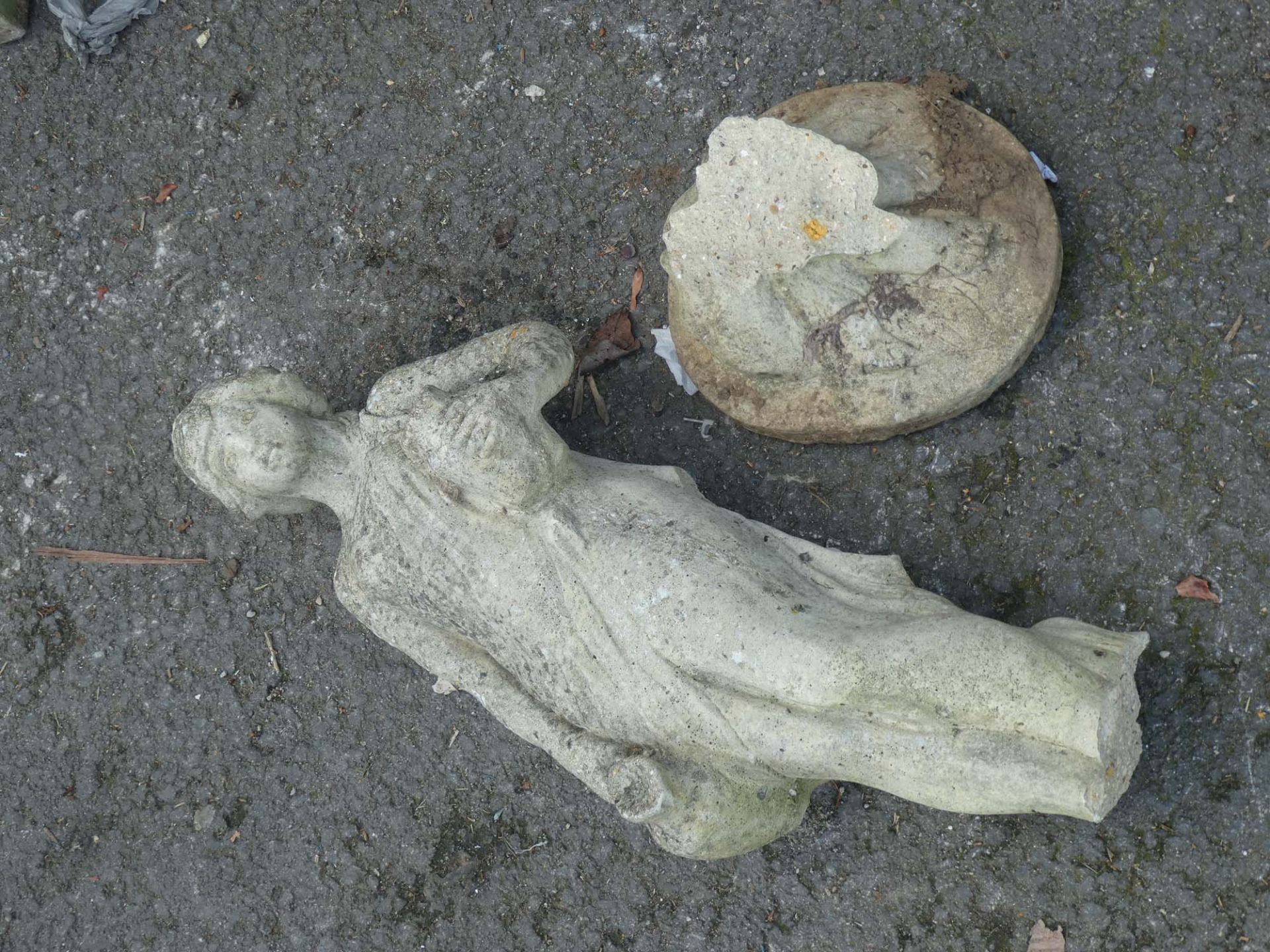 Concrete statue of lady (broken base), urn-style planter, and sundial - Image 2 of 2