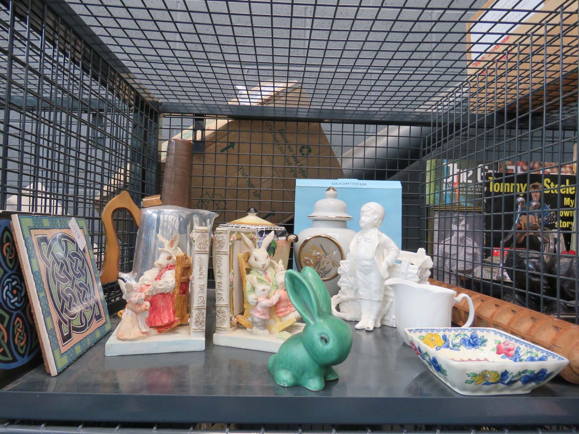 Cage containing bunny rabbit book ends, tiles, Silvac style rabbit, rolling pin plus a Picquotware
