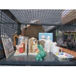 Cage containing bunny rabbit book ends, tiles, Silvac style rabbit, rolling pin plus a Picquotware