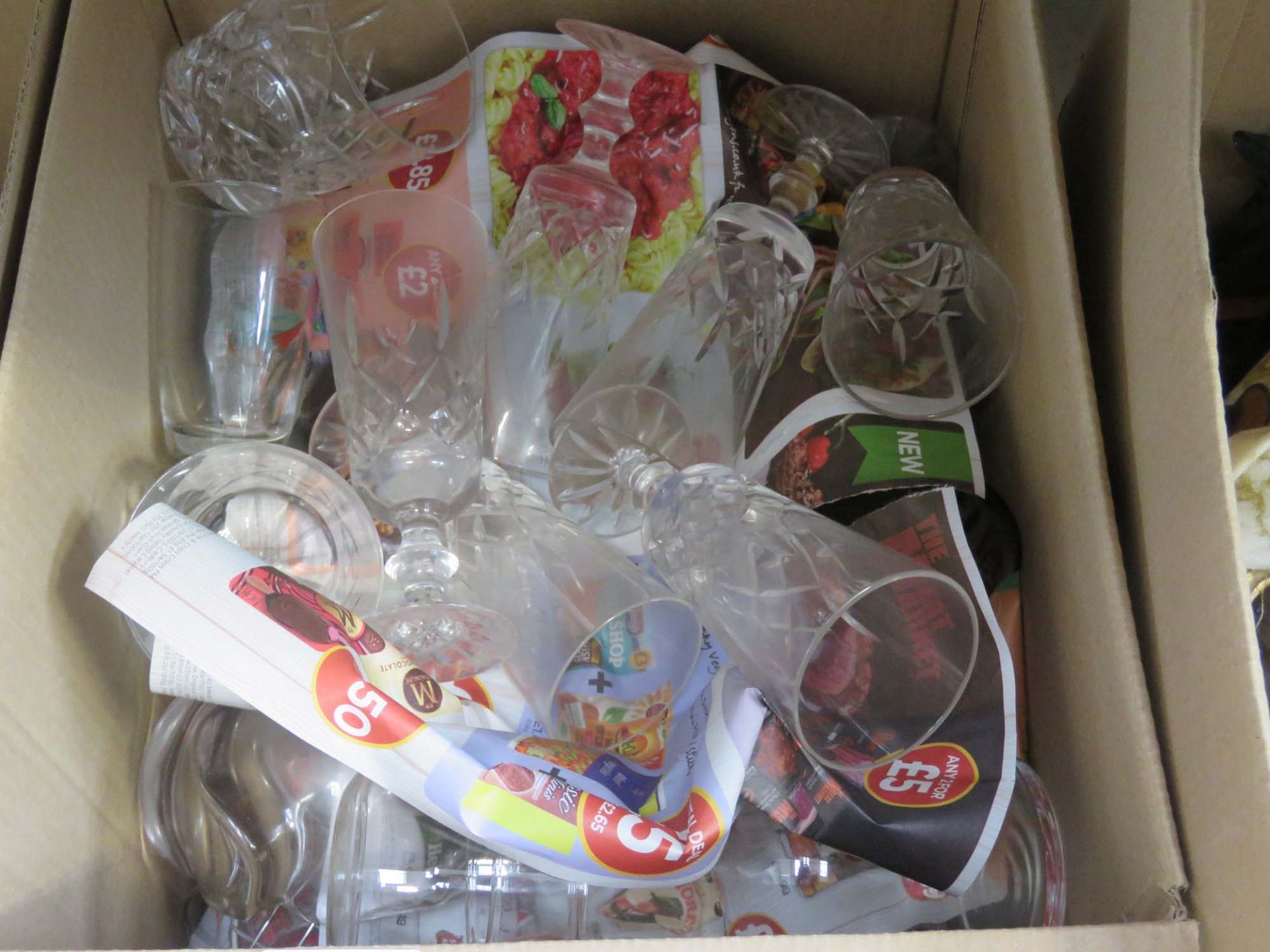 Four boxes containing studio pottery, ornamental dolphin figures, wine glasses and Jasperware - Image 3 of 4