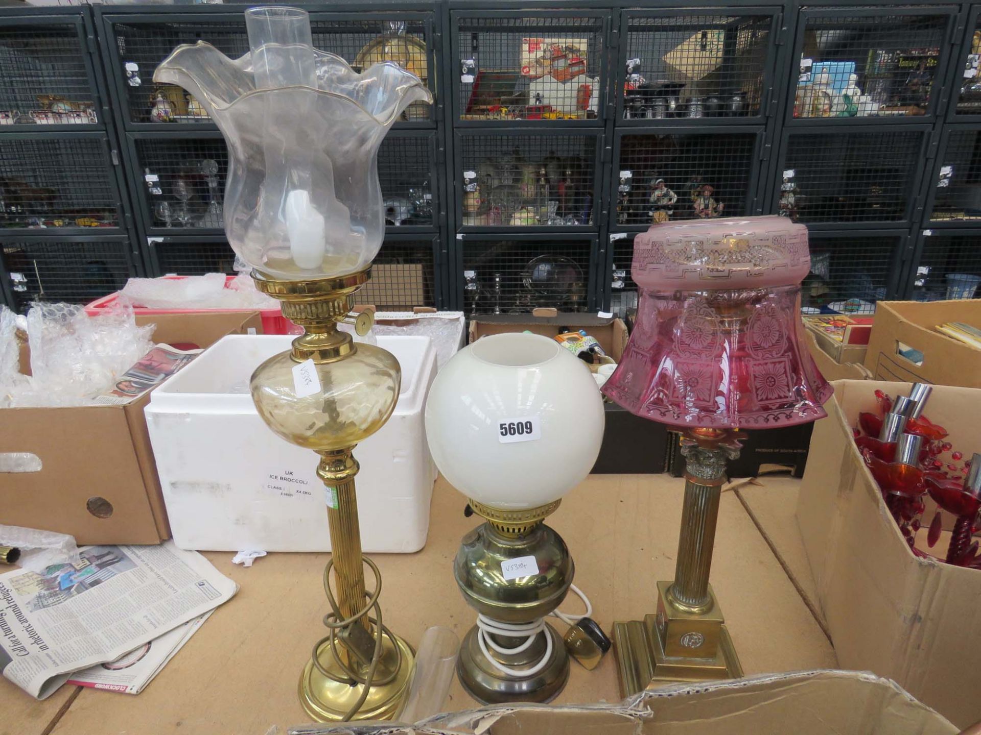 2 converted oil lamps plus an oil lamp with Corinthian glass shade