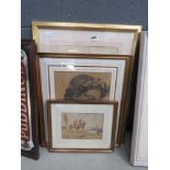 Three prints - classical figure with laurel wreath, horsemen and a cityscape