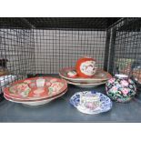 5357 - Cage containing Cutani dishes and trays plus a ginger jar, pill box and a blue and white