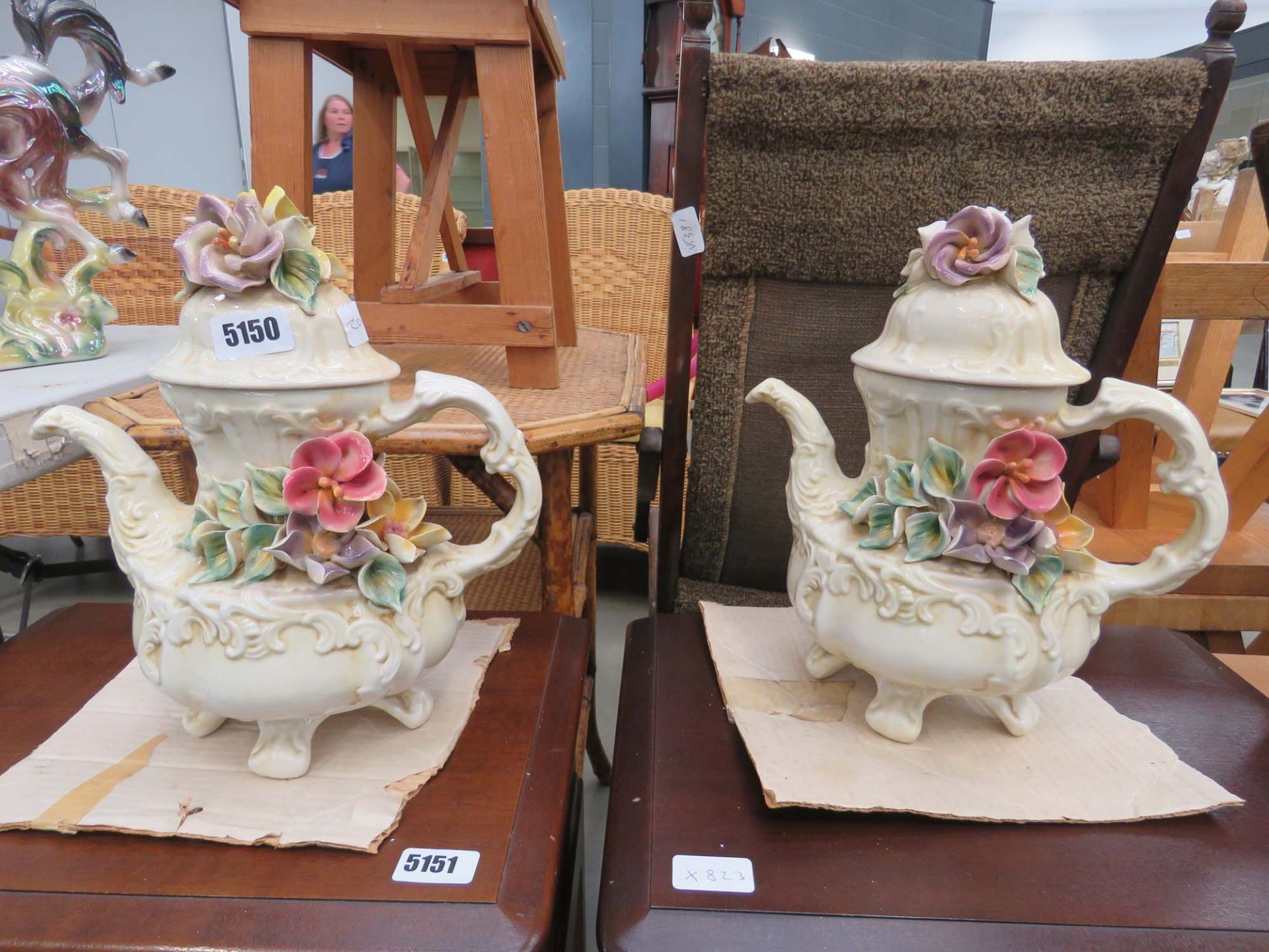 Pair of floral decorated Italian teapots