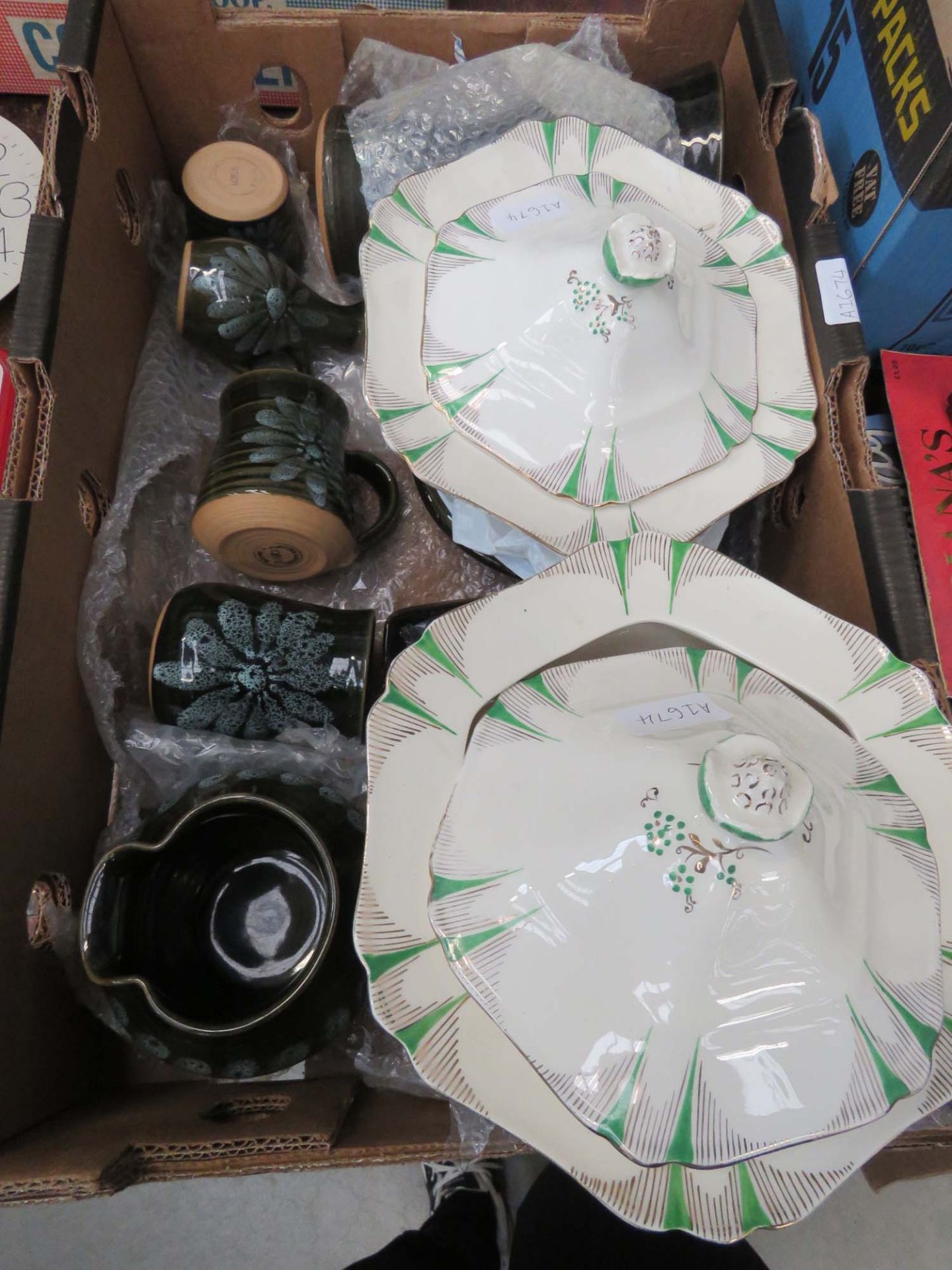 Box of green floral glazed pottery plus Scotch ivory tureens