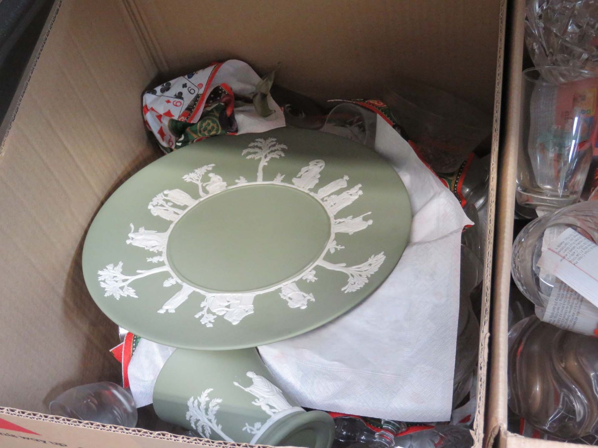 Four boxes containing studio pottery, ornamental dolphin figures, wine glasses and Jasperware - Image 4 of 4