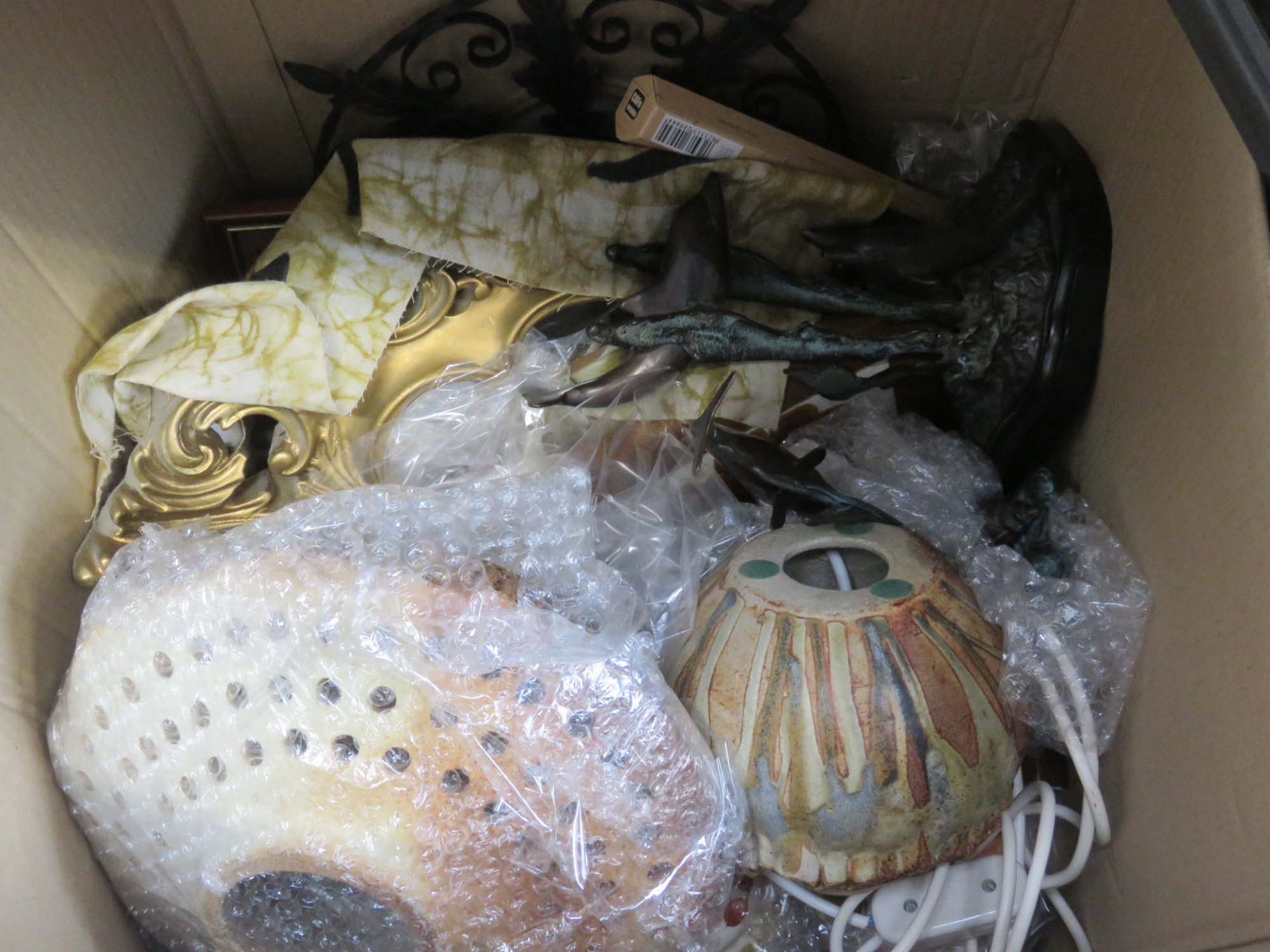 Four boxes containing studio pottery, ornamental dolphin figures, wine glasses and Jasperware - Image 2 of 4