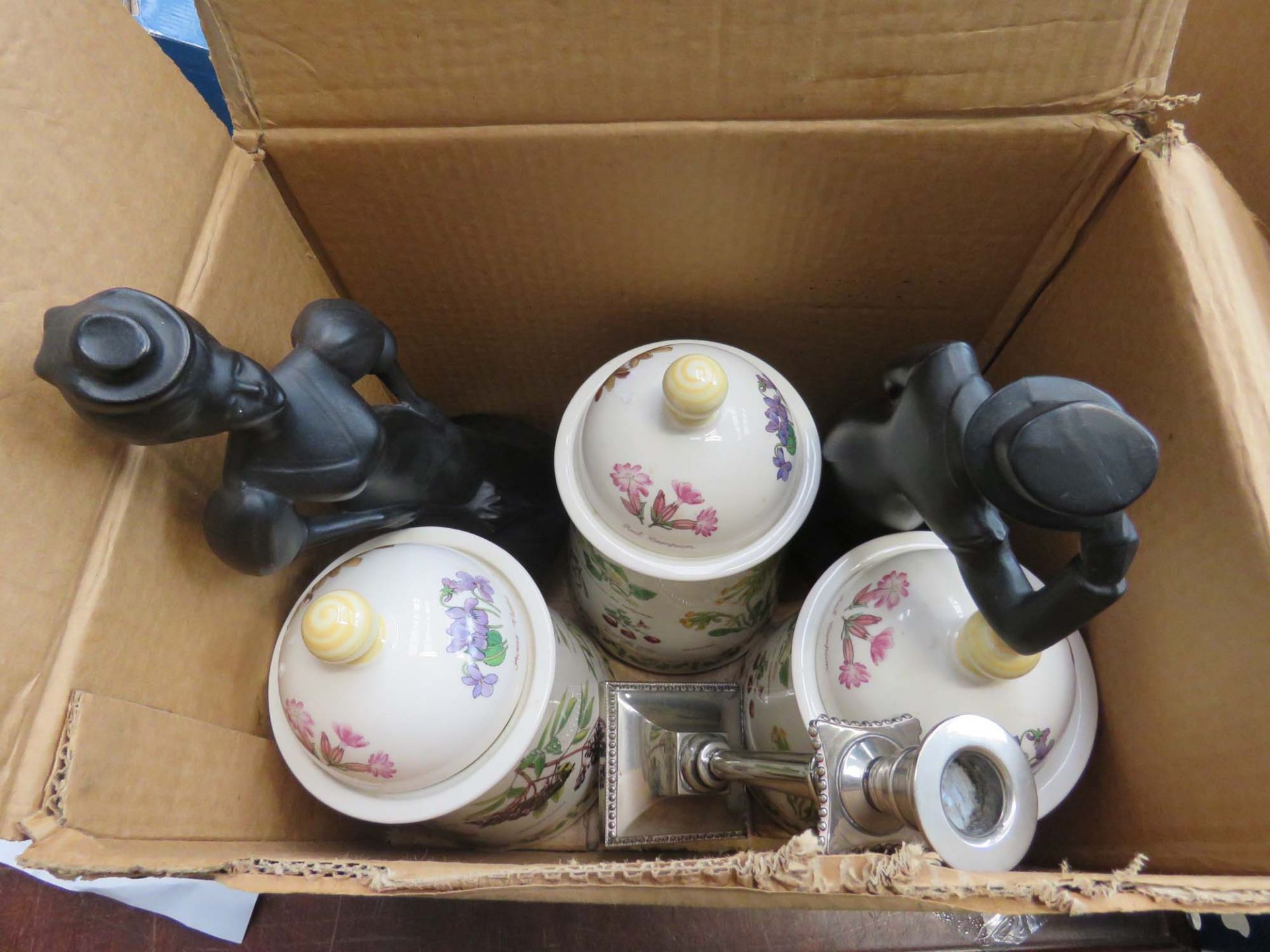 Box containing a silver plated candlestick, 2 ornamental figures plus 3 kitchen storage vessels