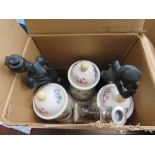 Box containing a silver plated candlestick, 2 ornamental figures plus 3 kitchen storage vessels