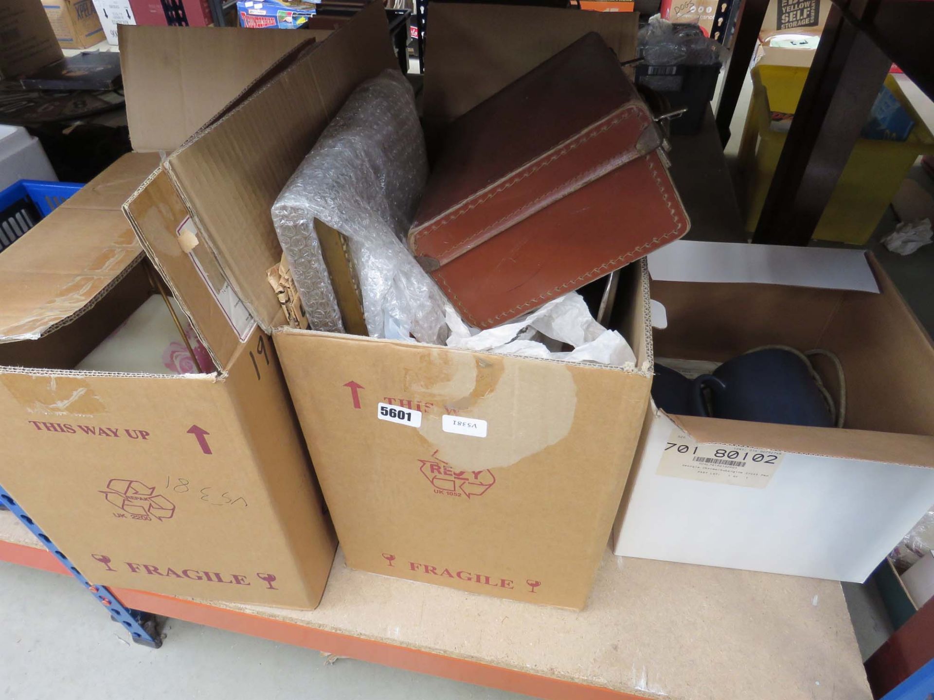 2 boxes containing table lamps, vintage child's case plus various prints and picture frames