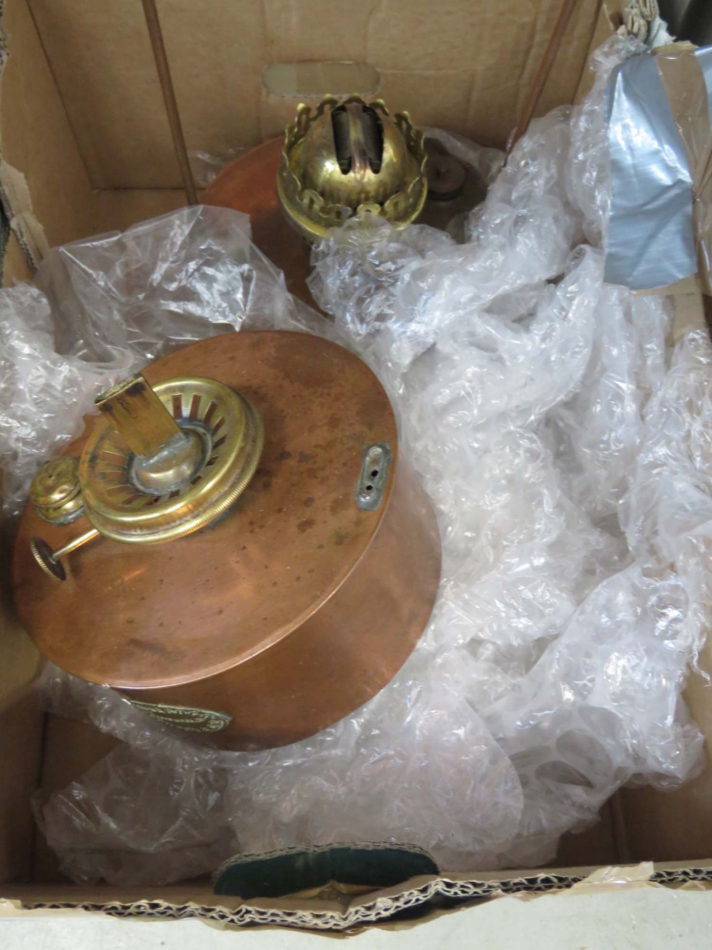 5285 Two copper and brass oil lamps