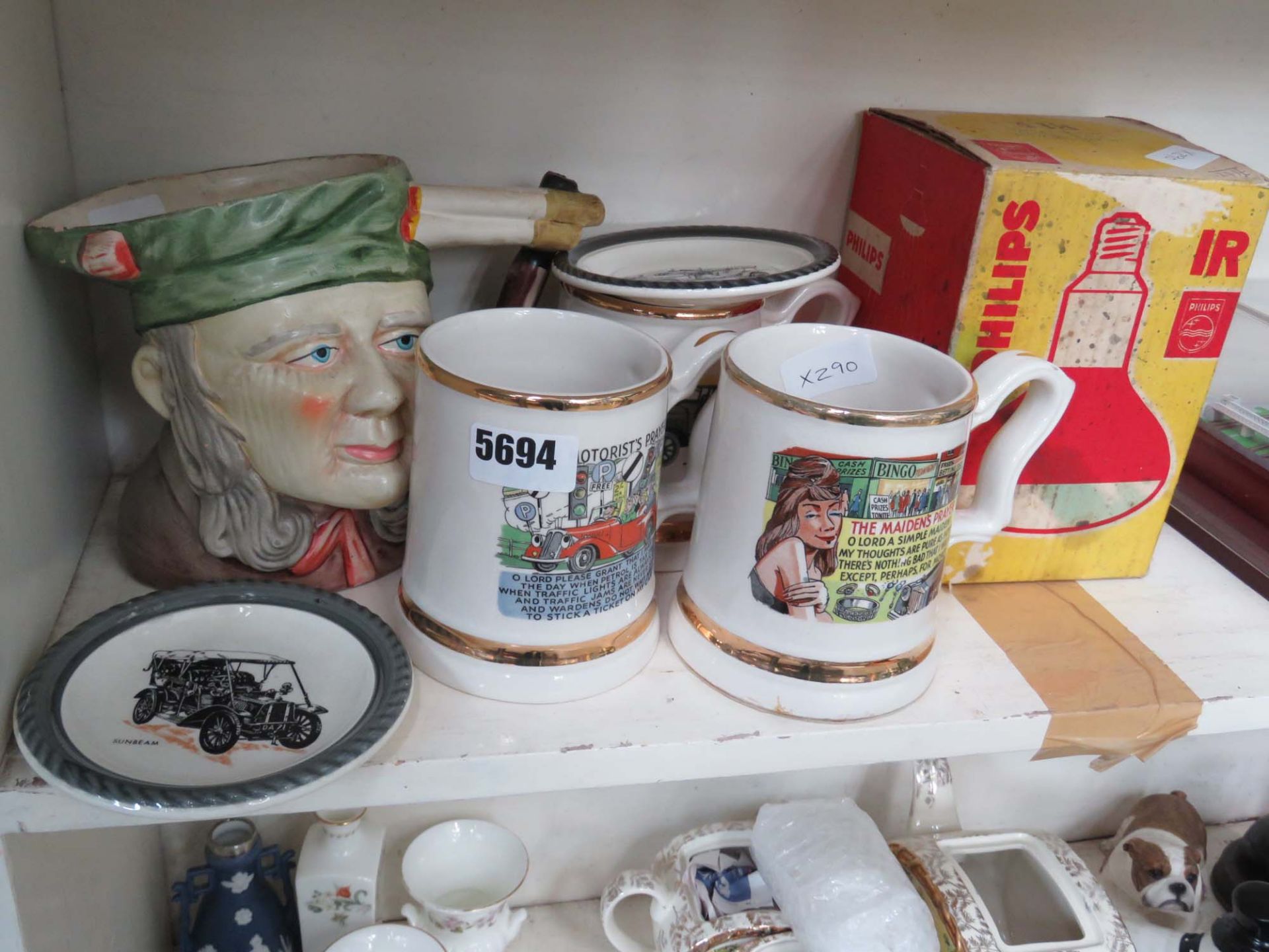 Vintage Philips lightbulb, 3 ale mugs, Toby jug and card decorated dishes