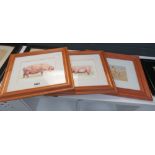 3 framed and glazed prints of pigs and children at the beach