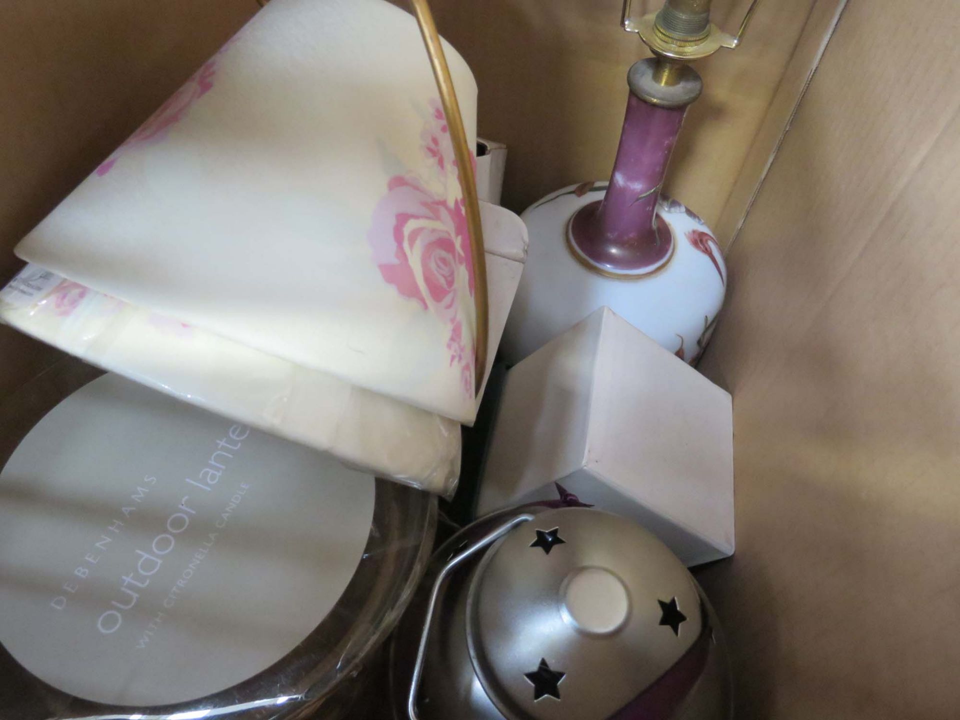 2 boxes containing table lamps, vintage child's case plus various prints and picture frames - Image 3 of 3