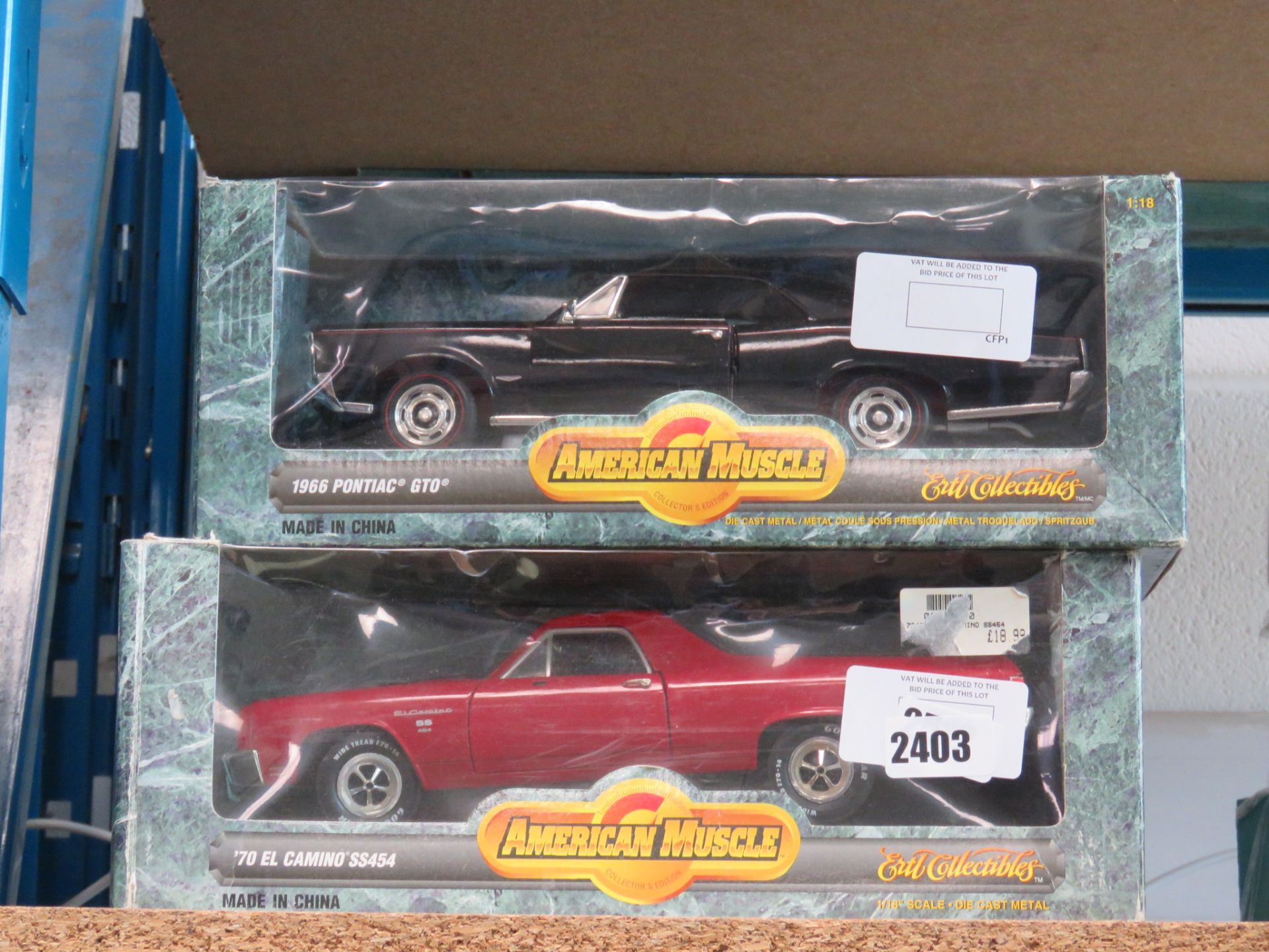 2512 2 1:18 scale model American Muscle cars featuring 70's El Camino and 90's 56 Pontiac GTO