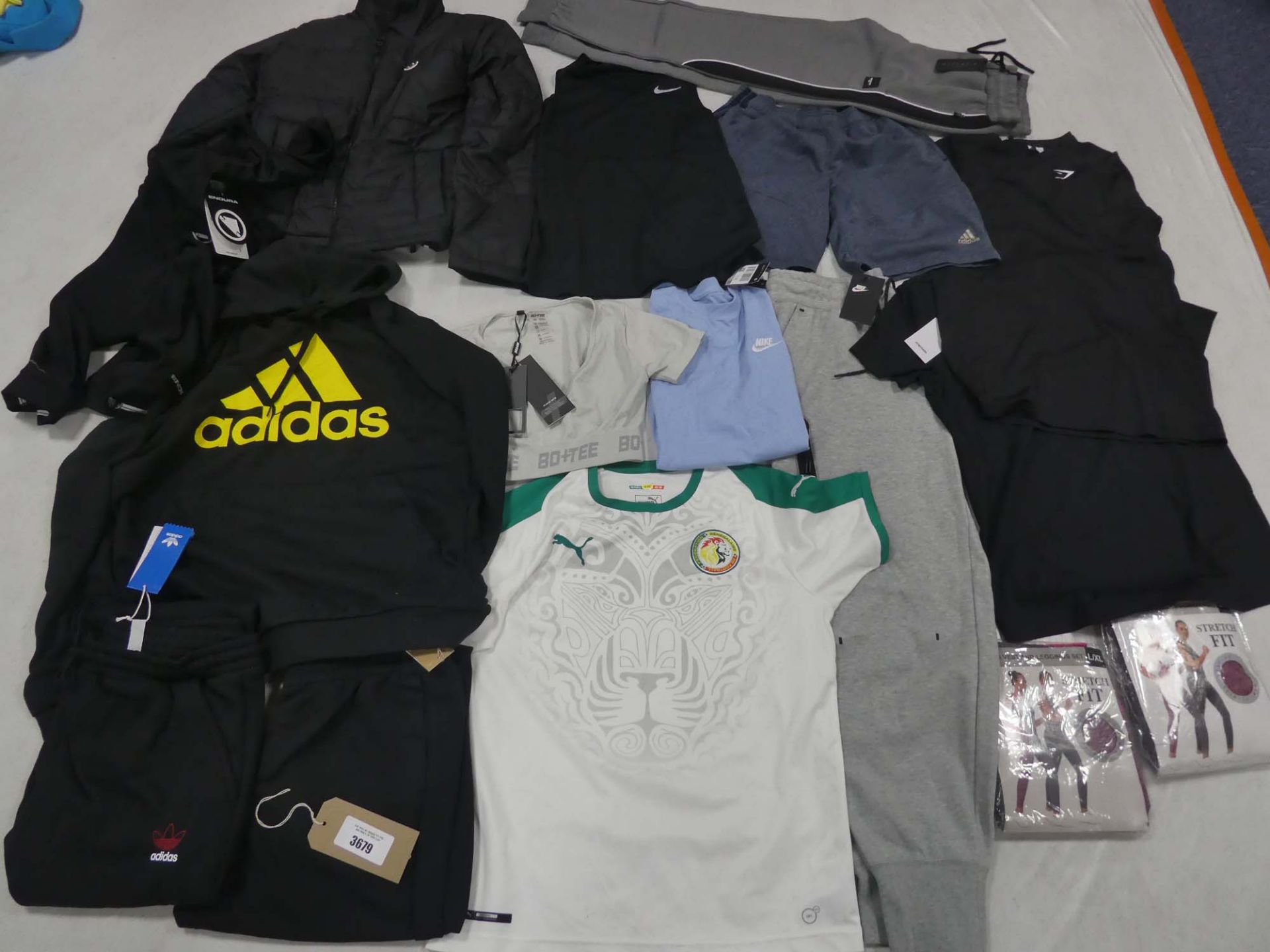 Selection of sportswear to include Adidas, Nike, Bo+Tee, etc
