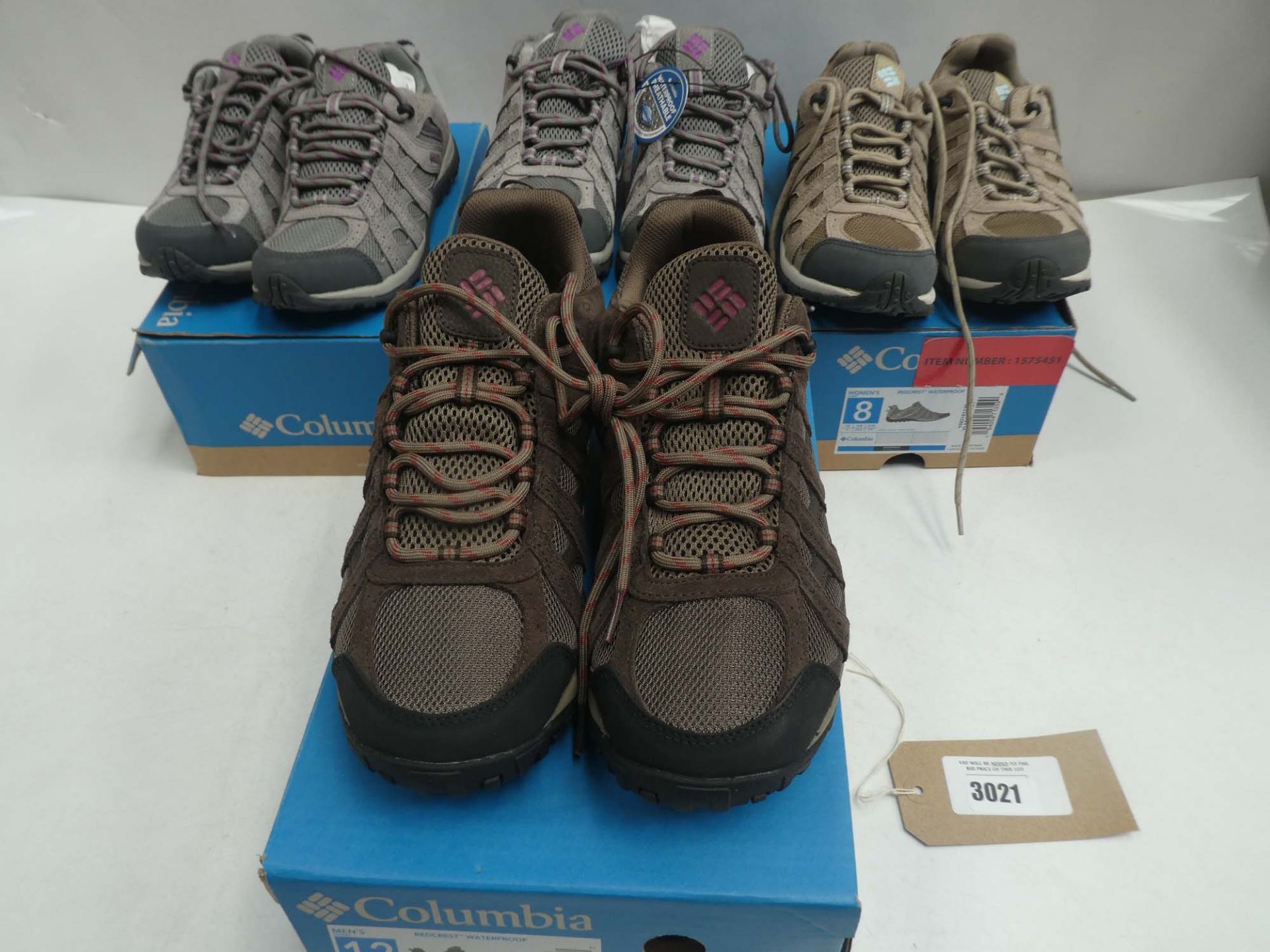 4 Pairs of Columbia redcrest waterproof trainers sizes 4,5, 6 and 11