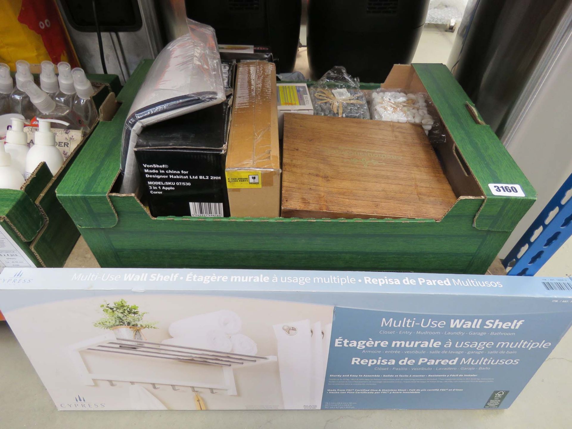 Multi use wall shelf, and box of mixed housewares