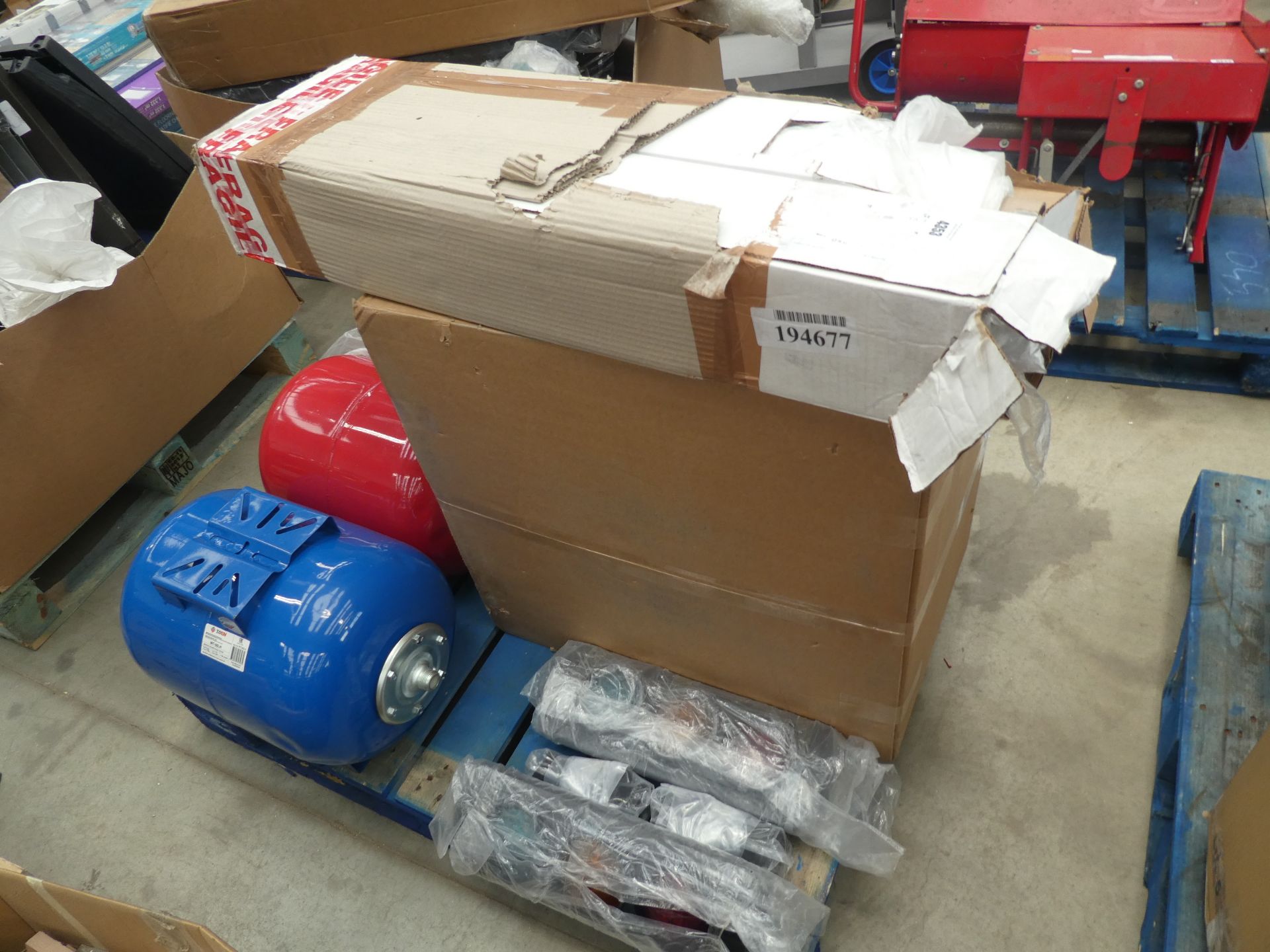 Pallet containing flashing lights, vessels, plastic sheeting and pocket spinner base