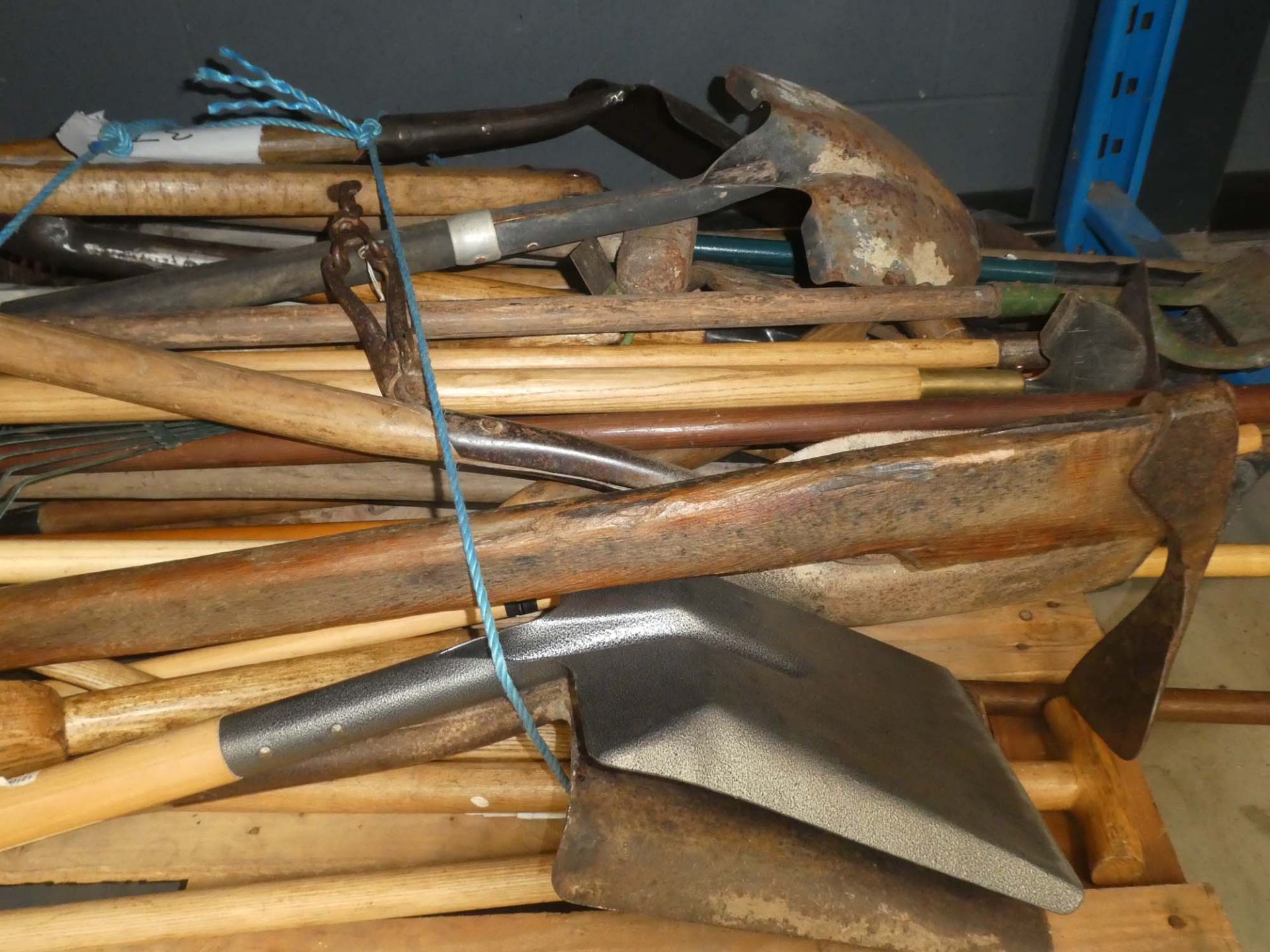 Pallet of assorted garden tools including hose, spades, shovels, rakes, forks, etc - Image 2 of 3