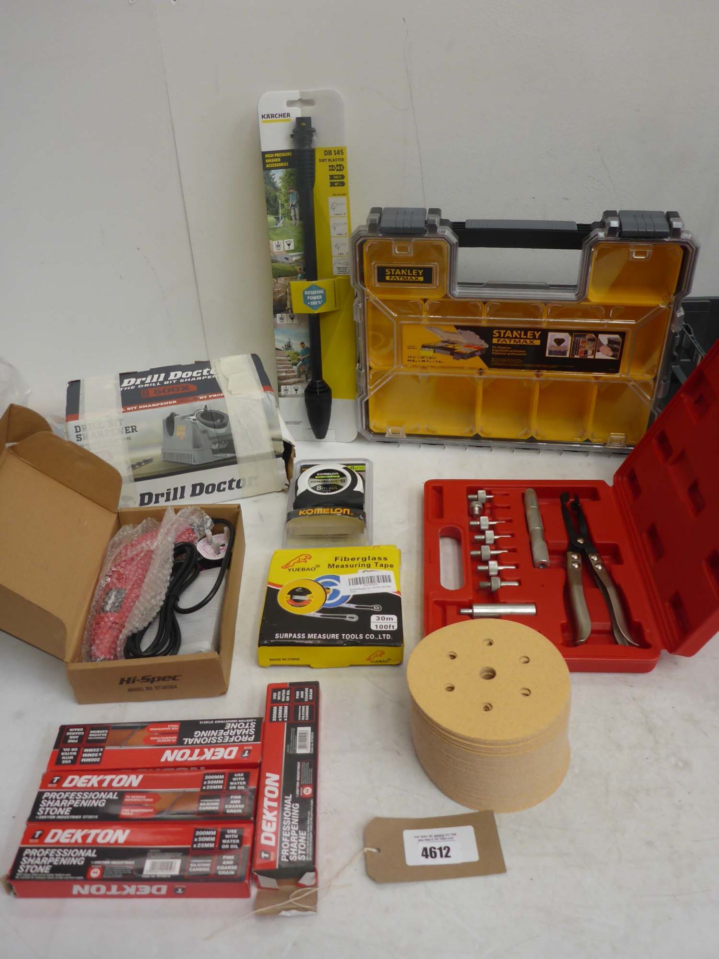 Hi-Spec rotary tool, Drill bit sharpener, Karcher dirt blaster, Stanley organizer box, Valve Seal