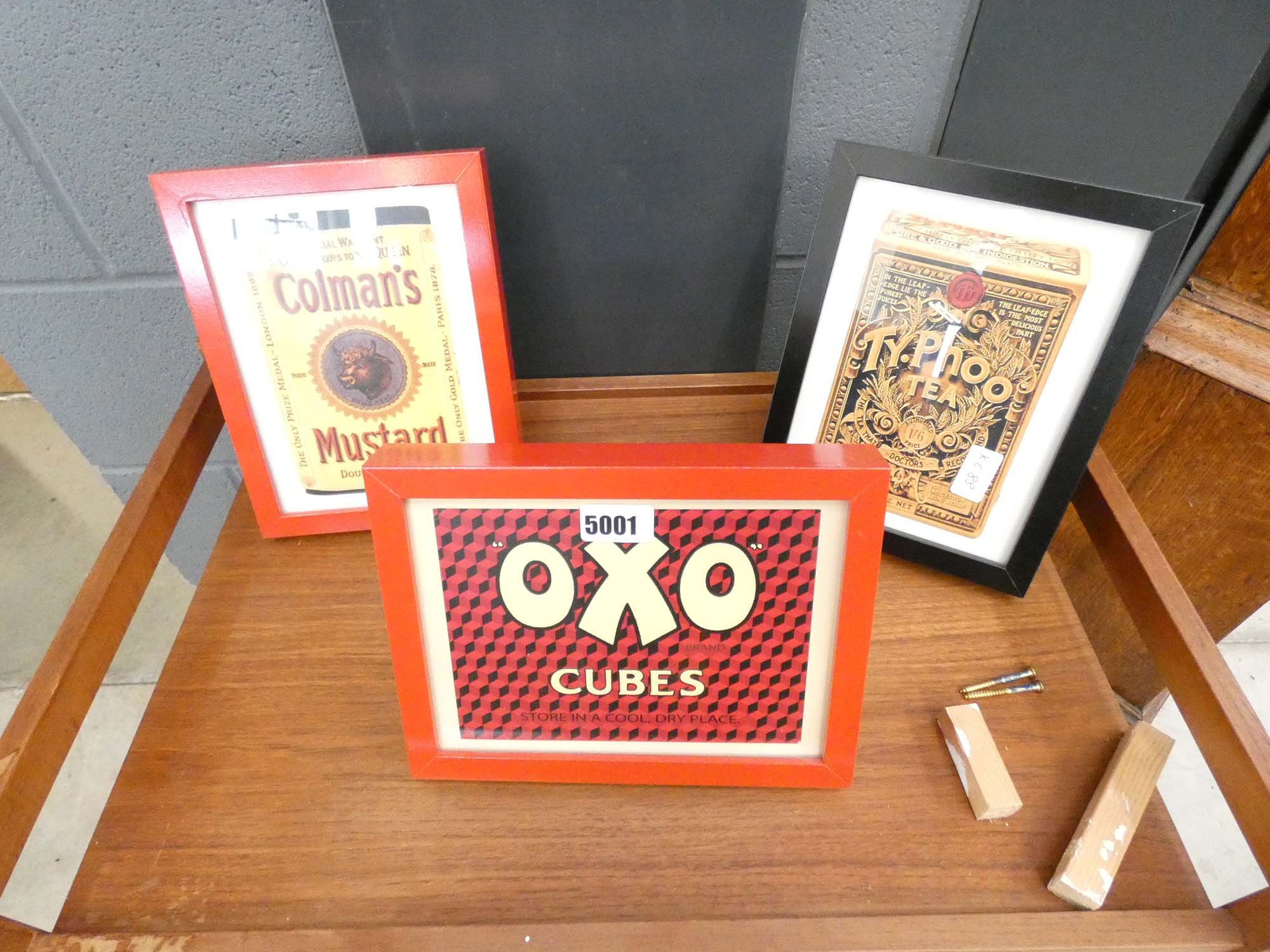 Three framed advertising posters - Colman's Mustard, OXO Cubes and Typhoo tea