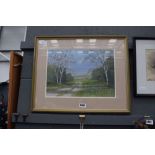 Framed and glazed picture of a countryside road framed by silver birches , C Hopkins