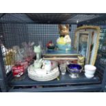 Cage containing assorted items to include advertising milk bottles, LP's, pictures, pig ornaments,
