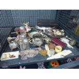 Cage of assorted items to include white metal ware, vintage knives, badges, chainwork purses, etc
