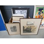 Box of assorted pictures to include architectural pictures, modern still lifes and cartoon prints