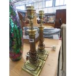 Pair of brass column Corinthian lamps