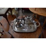 5 pieces of white metal ware to include teapot, coffee pot, sugar canister, cream jug and tray