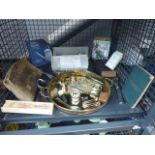 Cage containing assorted items to include watches, napkin rings, cutlery, gardening books and card