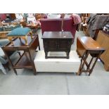 Collection of furniture to include wheeled dark wood trolley, footstool, two door dark wood cabinet,