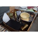 2 boxes of assorted china and white metalware to include Carlton ware, Liberty, decorative globes,