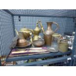 Small cage of copper and brassware and carved wooden wall plaques