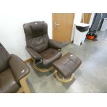 Stressless reclining swivel armchair and matching footstool in brown leather No model, headrest