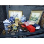 Cage containing blue and white ginger jars, books, Wade coin storage box and miniature copper and