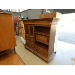 Large oak freestanding wall unit of glazed display cabinet and drinks cupboard