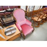 Shield back armchair on mahogany supports and pink draylon fabric