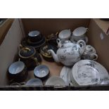 Single box of oriental decorated china to include teapots, cream jugs, saucers and teacups