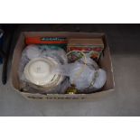 Box of assorted items to include blue and white plates, Alfred Meakin bowls, lampshades, lamps,